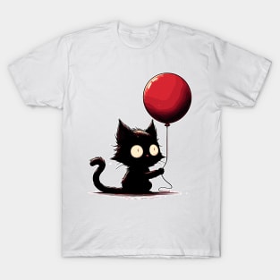 Confused black cat holding red balloon T-Shirt